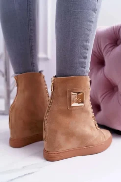 Damskie Trampki Lu Boo Złoty Łańcuch Zamsz Camel Monica