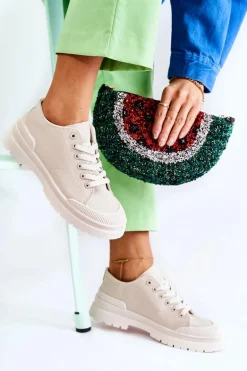 Damskie Trampki Materiałowe Jasnobeżowe Parossa