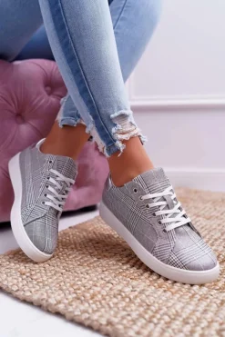 Damskie Trampki W Kratkę Brokat Szare Bellisa