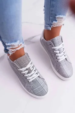 Damskie Trampki W Kratkę Brokat Szare Bellisa