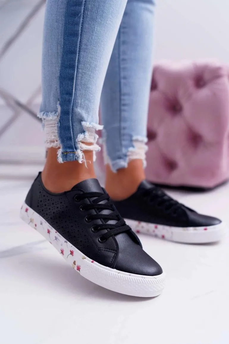 Damskie Trampki W Kwiaty Ażurowe Czarne Loriann