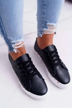 Damskie Trampki W Kwiaty Ażurowe Czarne Loriann