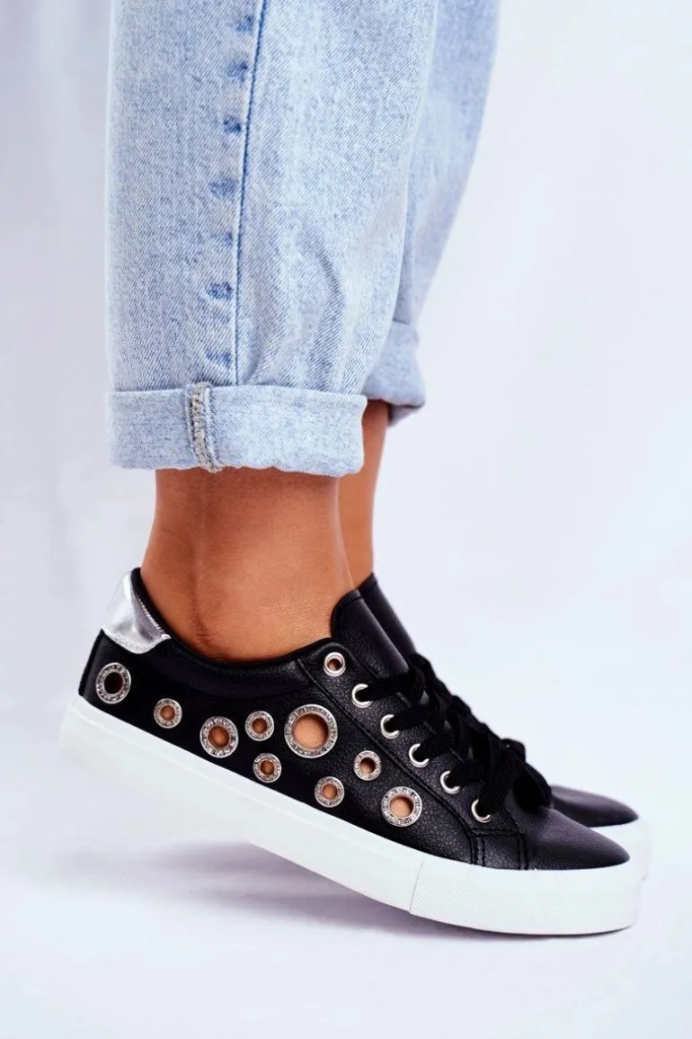 Damskie Trampki Z Dziurami i Cyrkoniami Czarne Roxas