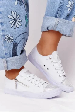 Damskie Trampki Z Suwakiem Biało-Srebrne Festival