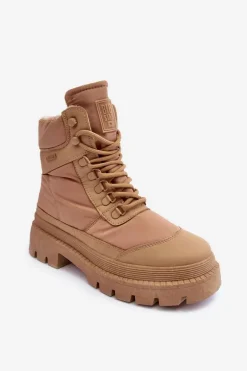 Damskie Trapery Botki Ocieplane Na Platformie I Płaskim Obcasie Big Star MM274340 Beżowe