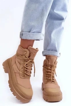 Damskie Trapery Botki Ocieplane Na Platformie I Płaskim Obcasie Big Star MM274340 Beżowe