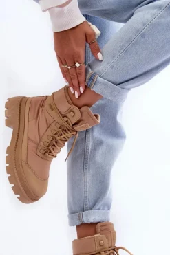 Damskie Trapery Botki Ocieplane Na Platformie I Płaskim Obcasie Big Star MM274340 Beżowe