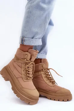 Damskie Trapery Botki Ocieplane Na Platformie I Płaskim Obcasie Big Star MM274340 Beżowe