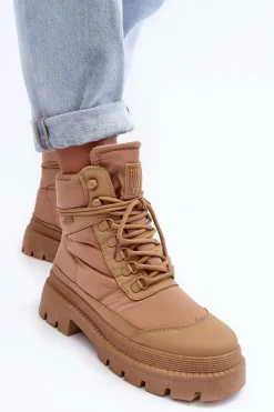 Damskie Trapery Botki Ocieplane Na Platformie I Płaskim Obcasie Big Star MM274340 Beżowe