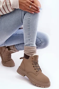 Damskie Trapery Ocieplane Futerkiem Ciemnobeżowe Fenan