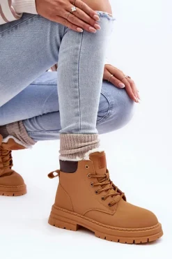 Damskie Trapery Ocieplane Futerkiem Camel Fenan