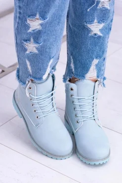 Damskie Trapery Ocieplane Timberki Błękitne Oxford