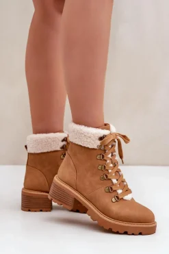 Damskie Trapery Z Kożuszkiem Na Niskim Obcasie Camel Brenneth