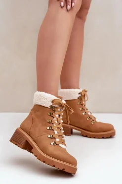 Damskie Trapery Z Kożuszkiem Na Niskim Obcasie Camel Brenneth