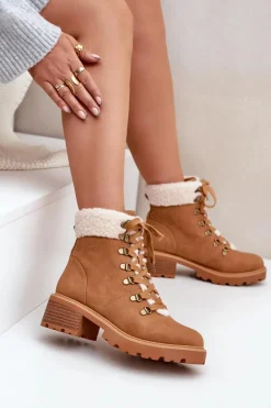 Damskie Trapery Z Kożuszkiem Na Niskim Obcasie Camel Brenneth