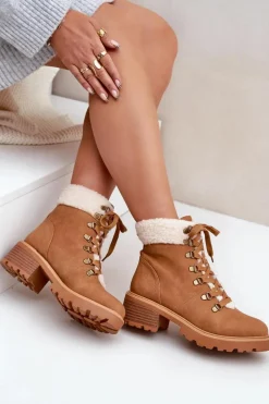 Damskie Trapery Z Kożuszkiem Na Niskim Obcasie Camel Brenneth