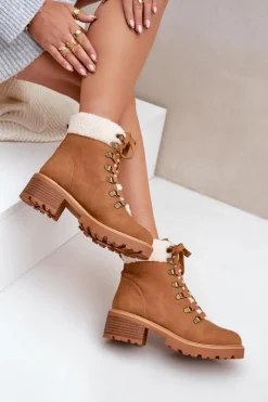 Damskie Trapery Z Kożuszkiem Na Niskim Obcasie Camel Brenneth