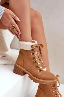 Damskie Trapery Z Kożuszkiem Na Niskim Obcasie Camel Brenneth