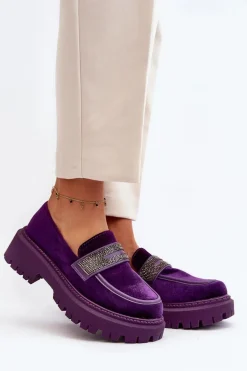 Damskie Welurowe Mokasyny Z Ozdobą Fioletowe Wendreda
