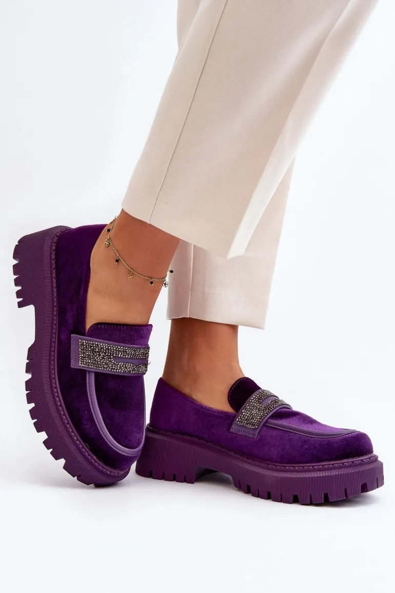 Damskie Welurowe Mokasyny Z Ozdobą Fioletowe Wendreda