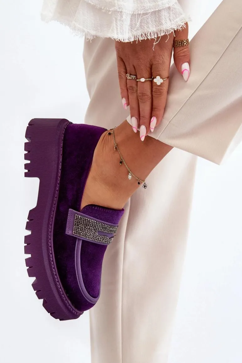 Damskie Welurowe Mokasyny Z Ozdobą Fioletowe Wendreda