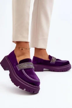 Damskie Welurowe Mokasyny Z Ozdobą Fioletowe Wendreda