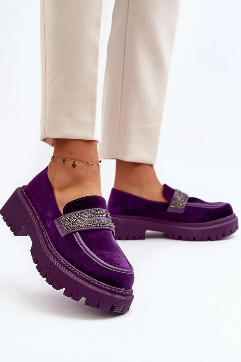 Damskie Welurowe Mokasyny Z Ozdobą Fioletowe Wendreda