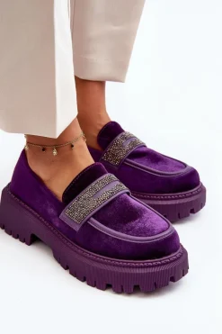 Damskie Welurowe Mokasyny Z Ozdobą Fioletowe Wendreda