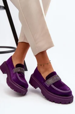 Damskie Welurowe Mokasyny Z Ozdobą Fioletowe Wendreda
