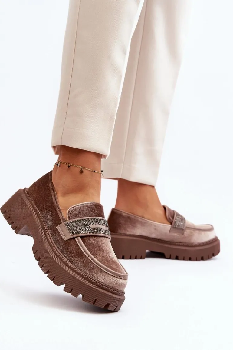 Damskie Welurowe Mokasyny Z Ozdobą Brązowe Wendreda