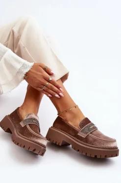 Damskie Welurowe Mokasyny Z Ozdobą Brązowe Wendreda