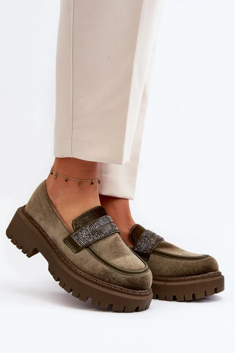 Damskie Welurowe Mokasyny Z Ozdobą Ciemnozielone Wendreda