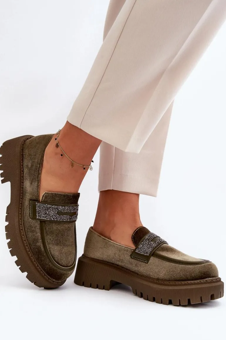 Damskie Welurowe Mokasyny Z Ozdobą Ciemnozielone Wendreda