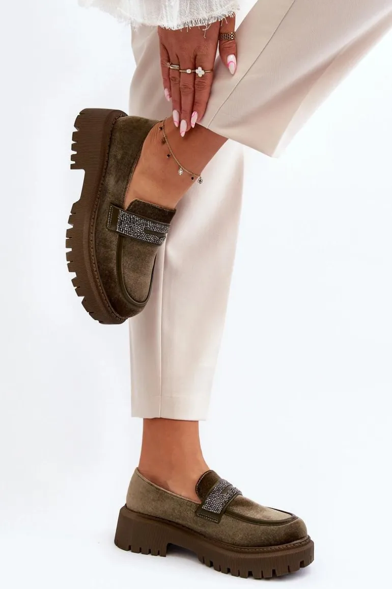 Damskie Welurowe Mokasyny Z Ozdobą Ciemnozielone Wendreda