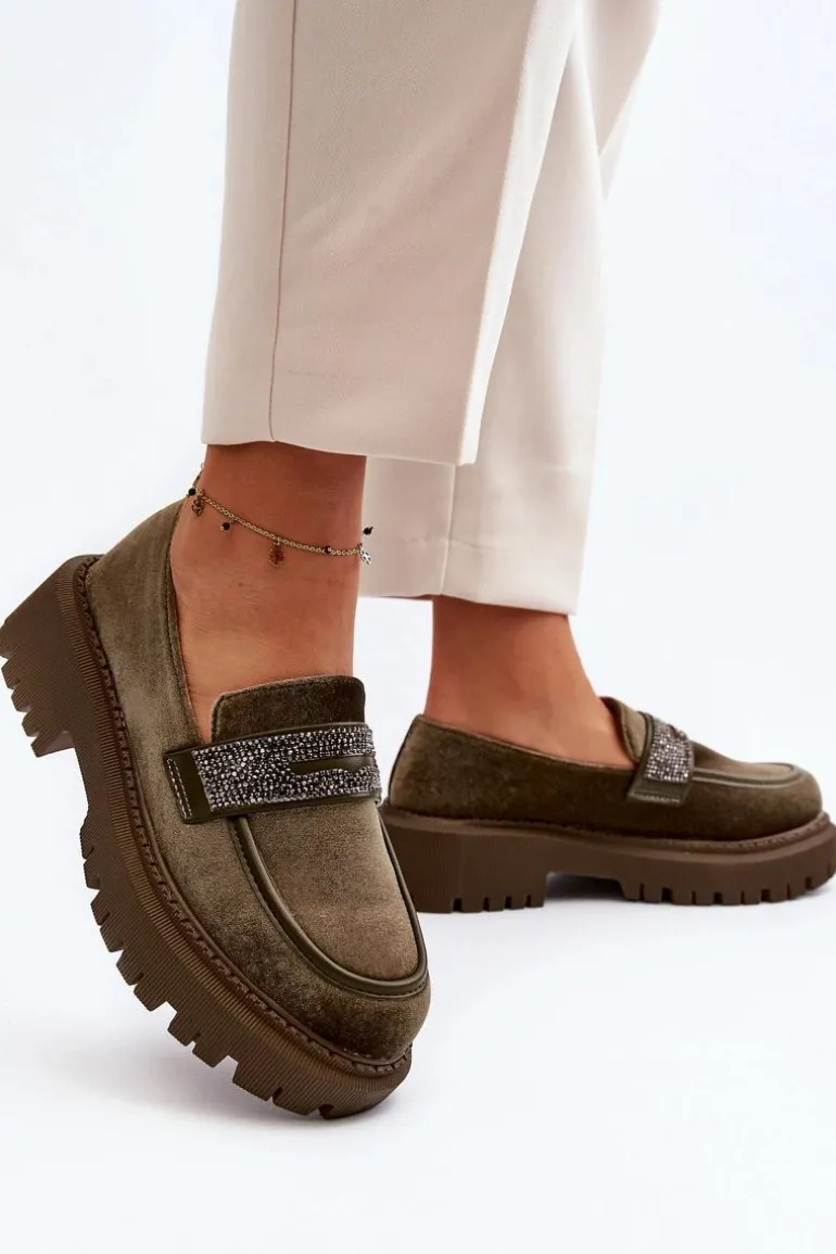 Damskie Welurowe Mokasyny Z Ozdobą Ciemnozielone Wendreda