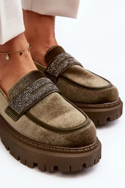 Damskie Welurowe Mokasyny Z Ozdobą Ciemnozielone Wendreda