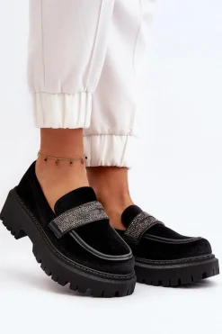 Damskie Welurowe Mokasyny Z Ozdobą Czarne Wendreda