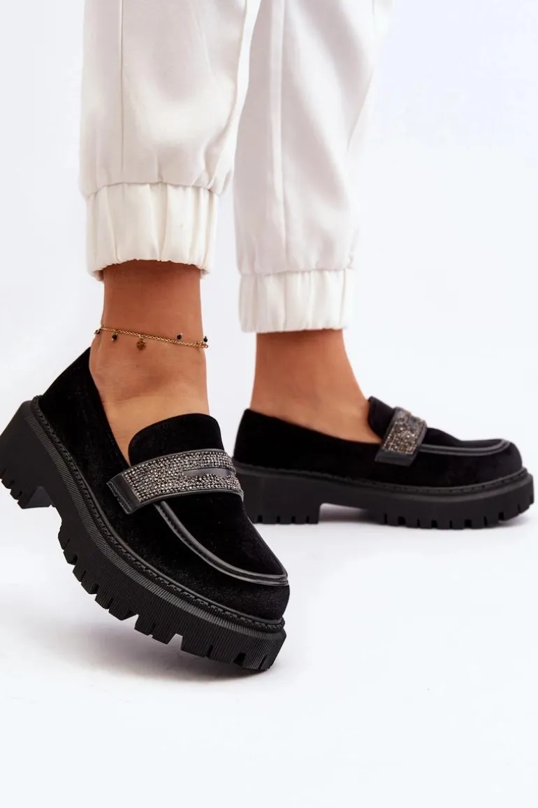 Damskie Welurowe Mokasyny Z Ozdobą Czarne Wendreda