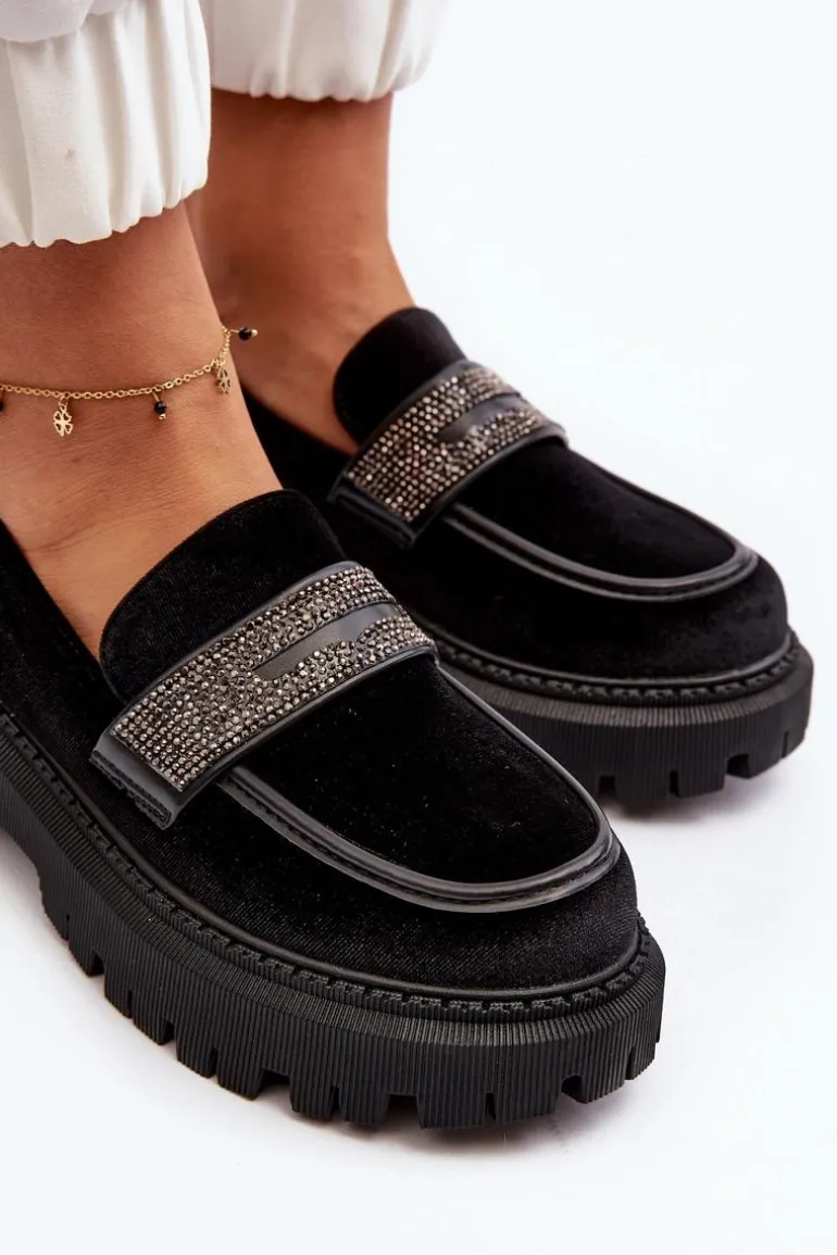 Damskie Welurowe Mokasyny Z Ozdobą Czarne Wendreda