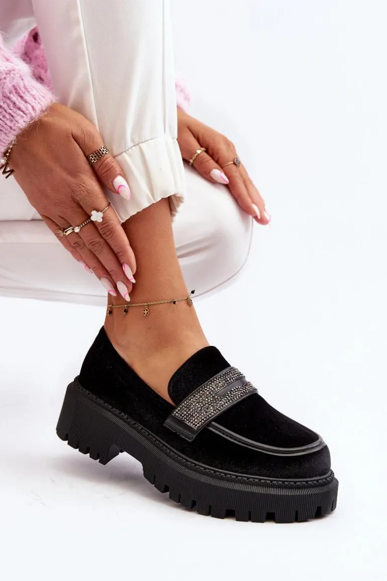 Damskie Welurowe Mokasyny Z Ozdobą Czarne Wendreda