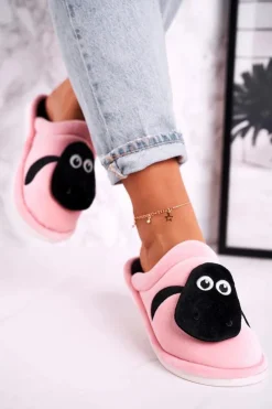 Damskie Welurowe Papcie Z Owieczką Różowe Charlie