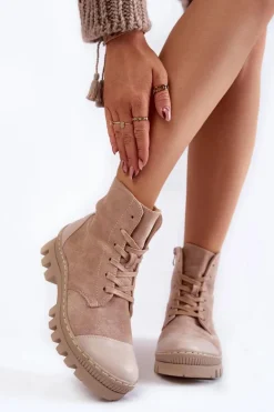 Damskie Wiosenne Zamszowe Botki Trapery Beżowe Margot