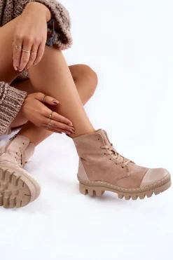 Damskie Wiosenne Zamszowe Botki Trapery Beżowe Margot