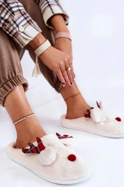 Damskie Świąteczne Futrzane Papcie Z Reniferem Kremowe Clarie