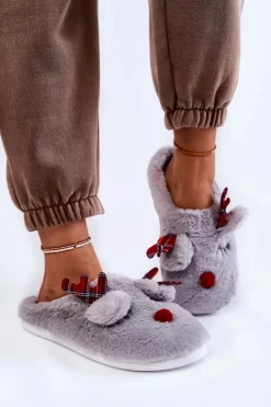 Damskie Świąteczne Futrzane Papcie Z Reniferem Szare Clarie