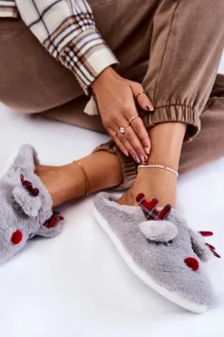 Damskie Świąteczne Futrzane Papcie Z Reniferem Szare Clarie