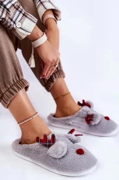 Damskie Świąteczne Futrzane Papcie Z Reniferem Szare Clarie