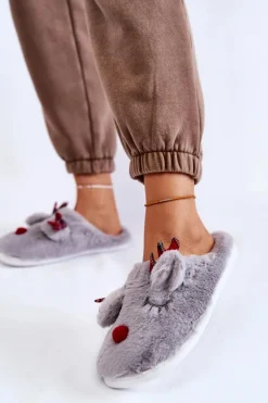 Damskie Świąteczne Futrzane Papcie Z Reniferem Szare Clarie