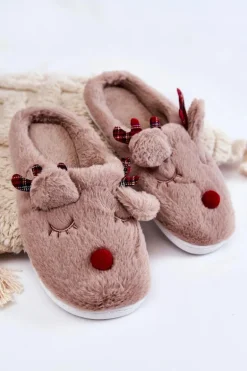 Damskie Świąteczne Futrzane Papcie Z Reniferem Beżowe Clarie