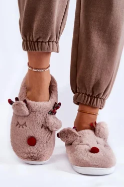 Damskie Świąteczne Futrzane Papcie Z Reniferem Beżowe Clarie